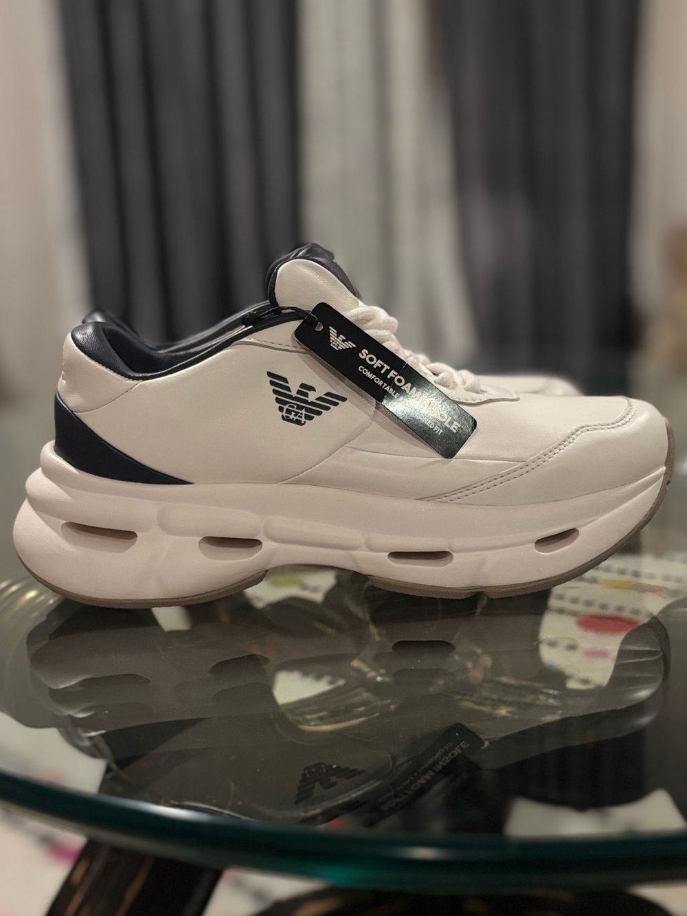 Emporio Armani White and Navy Women's Chunky Sole Sneakers